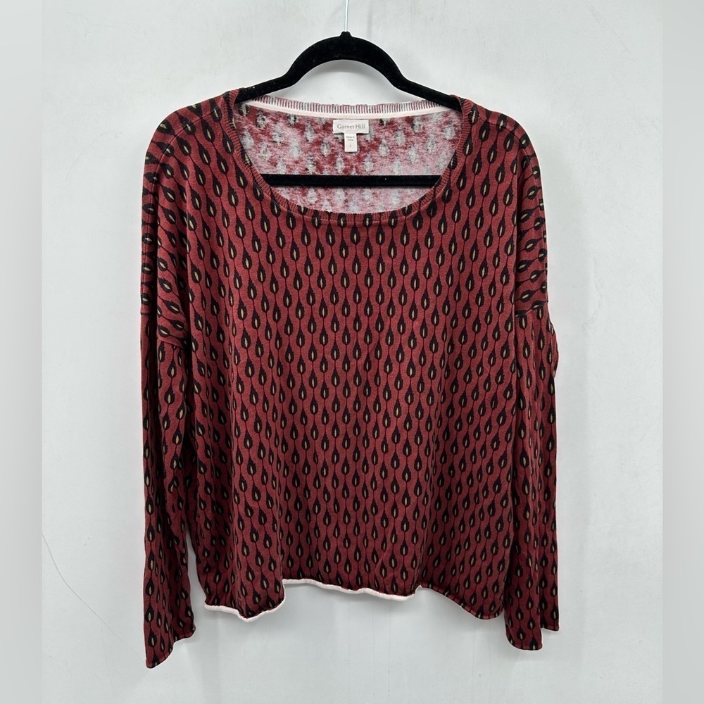 GARNETT HILL Red/brown teardrop Silk Cotton woman long sleeve quiet luxury top L